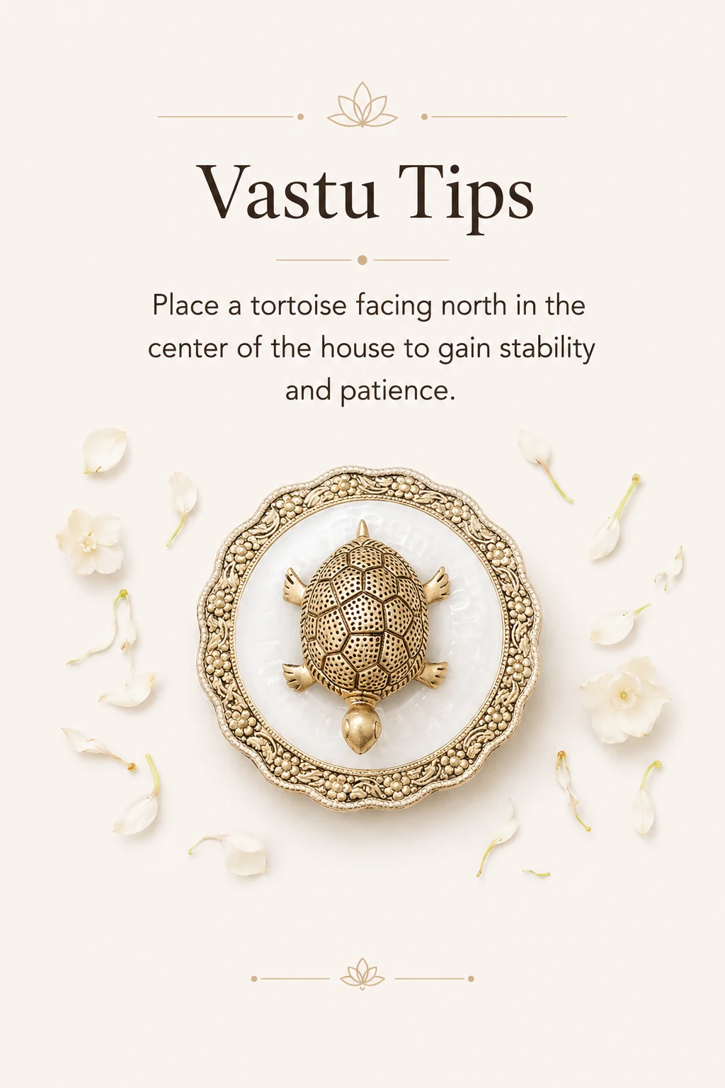 Brass tortoise figurine placed in center facing North