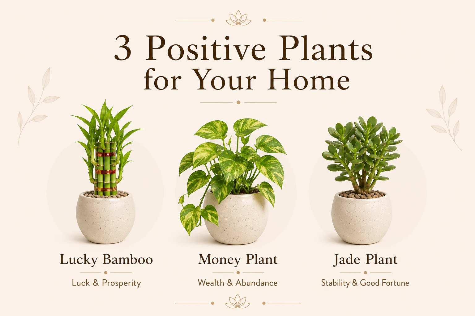 Lucky Bamboo, Money Plant, and Jade Plant in ceramic pots